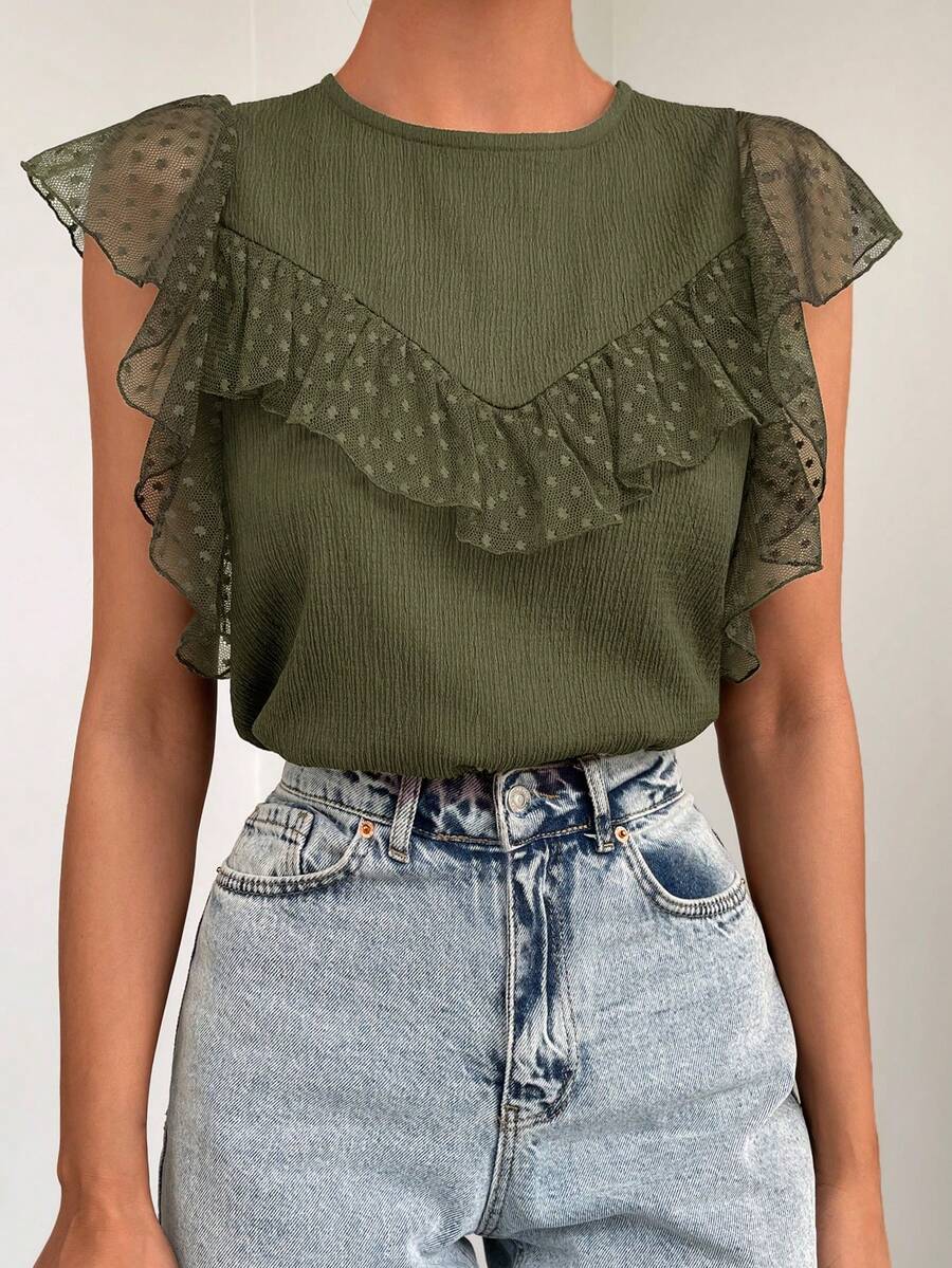 EURMUSE Contrast Mesh Ruffle Trim Keyhole Back Blouse - Olive Green - View 1