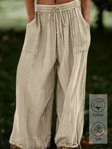 EMERY ROSE 女士纯色抽绳腰带口袋休闲百搭阔腿裤，适合日常穿着 - 杏色 - 查看 3