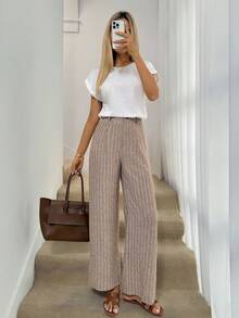 Easowa Zip-Up Half Open Collar Straight Leg Pants, Woven Striped Textured Fabric, Casual Relaxed Elegant Commute Vintage Resort Style Women Long Trousers, Spring/Summer Wide Legged Trousers For Women Wide Leg Trousers Petie Wide Leg Trousers Pants Wide Leg - Multicolor - View 8