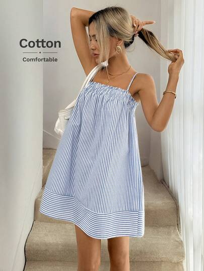 Easowa Frill Trim Ruched Umbrella Skirt Sundress Doll Dress Spaghetti Strap Casual Loose Elegant Commuter Vintage Style Holiday Spring Summer Women Short Dress Casual Sundress Summer Causal Dress Cottagecore Dress Cotton Cover Up Cotton Dresses Women Beach Dress Women S Summer Co Ord Women S Summer Outfits