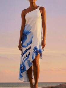 CAJUNI Vestido Longo Branco com Alças, Assimétrico, Fluido com Babados e Estampa Grande de Aquarela Floral. - Azul e Branco - Visão 3