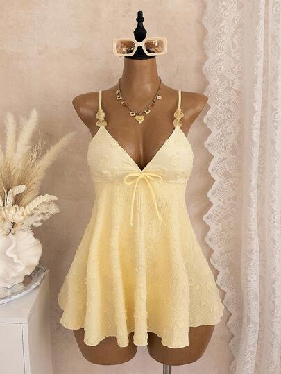 Bellisia Women's Textured Fabric Backless Bow Tie Shoulder Strap Beaded One-Piece Swimsuit, Sweet Lady Beach Holiday Party Style