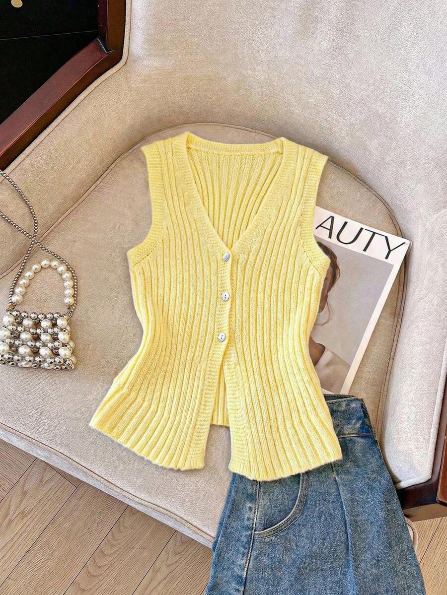 Franclia Women's All-Match Minimalist Fashion Versatile Light Yellow V-Neck Elegant Lady Commuting Slim Fit Vest - Light Yellow - View 1