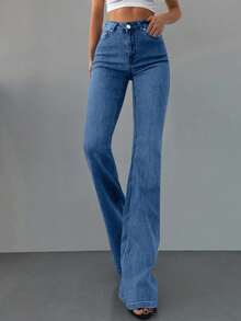 EURMUSE 98%Cotton Slim Fit Flared Jeans - Dusty Blue - View 3