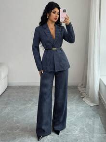 Rafferiza 女士休闲优雅条纹西装套装，春夏款 - 藏蓝色 - 查看 4