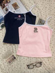 CovetEZ 2pcs/Set, 93% Cotton, Pink & Blue Embroidered Camisole Tops, Fashion Versatile, Suitable For Summer, Beach, Hawaiian Style, Cute Summer Blouse - Multicolor - View 6