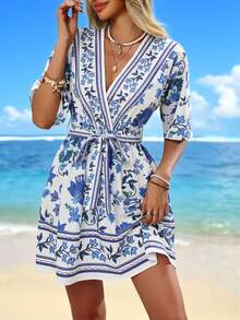 Swim Vcay Women's Summer Beach Bohemian Vacation Placement Print V-Neck Batwing Sleeve Elastic Waist Bow Decor Waist Belt Vacation Chiffon Dress,Elegant Dresses, Easter Dresses, Casual Dresses, Vacation Dresses, Country-Style Dresses, Holiday Dresses, Blue Dresses, Summer Beachwear,Women's Floral Dress, Spring Summer Picks, Clothes For Ladies - Blue - View 4