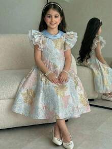 SHEIN Young Girl Woven Jacquard Round Neck Ruffle Hem Casual Dress,Kids - Red - View 3