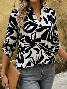 EMERY ROSE 女士时尚优雅印花V领衬衫 - 套头衫 - 简约通勤风 - 日常穿着 - 约会 - 黑與白 - 查看 6