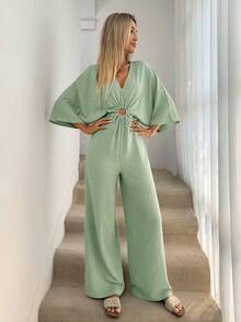 Easowa V-Neck Sleeveless Waist Cinched Wide Leg Jumpsuit, Textured Crepe Fabric, Casual Relaxed Elegant Office-Wear, Spring/Summer For Women - Green - View 3