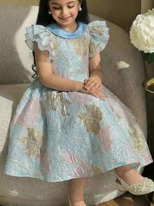 SHEIN Young Girl Woven Jacquard Round Neck Ruffle Hem Casual Dress,Kids - Red - View 9