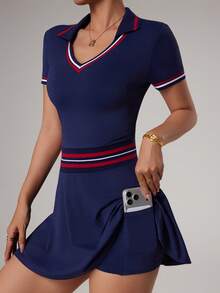 CourtClass Yoga Sports Flat Collar Striped Golf Wear - Navy Blue - View 3