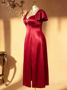 DreamSkyne Plus Size Women Elegant Summer Red Satin Midi Dress,Knit Short Sleeve Shiny Burgundy Slit Formal Gown For Prom Night,Curve Elegant Dress - Burgundy - View 3