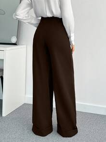 SHEIN Tall 女款純色高腰寬腿長褲，適合高個女性 - 棕色 - 查看 2