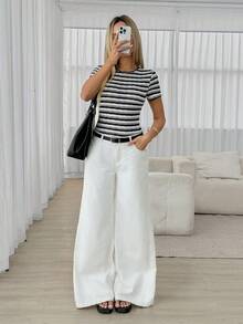 Easowa 女士圆领修身罗纹T恤，纹理面料，休闲优雅，适合外出和居家穿着 - 彩色 - 查看 3