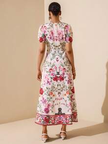 Vesra 女士印花V领花瓣袖修身喇叭裙摆度假风连衣裙 - 彩色 - 查看 3