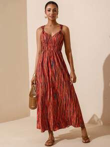 Vesra Bestselling Vacation Tie Dye Pattern Spaghetti Strap Beaded Detail Drawstring Waist Ruched Tie Waist A-Line Dress - Multicolor - View 5