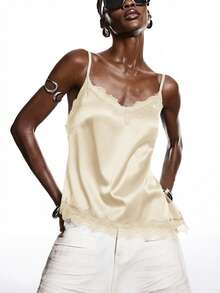 LYSMO 2026 女款優雅奶油色蕾絲飾邊緞面細肩帶背心，極簡閃亮夏季約會之夜、春季派對、聖誕新年襯衫 - 杏色 - 查看 7