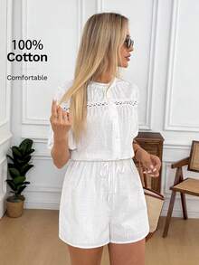 Easowa White Summer Casual Elegant Brunch Women's 100% Cotton Jumpsuit,Stand Collar Puff Sleeve Lace Patchwork Half-Open Button Drawstring Waist Flare Leg - White - View 3