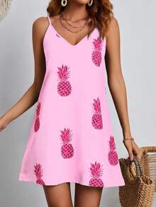 Coeurva Đầm hai dây in hình quả dứa, phong cách thường ngày cho kỳ nghỉ. - Hồng - Xem 6