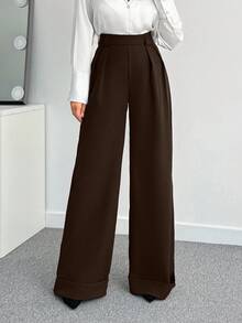 SHEIN Tall 女款純色高腰寬腿長褲，適合高個女性 - 棕色 - 查看 5