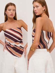 Nöista Bandeau Fitted Top With Stripes In Diagonal In Earth Colors, Asymmetrical Bottom Edge And Smock Stitching Part On The Back. - Multicolor - View 4