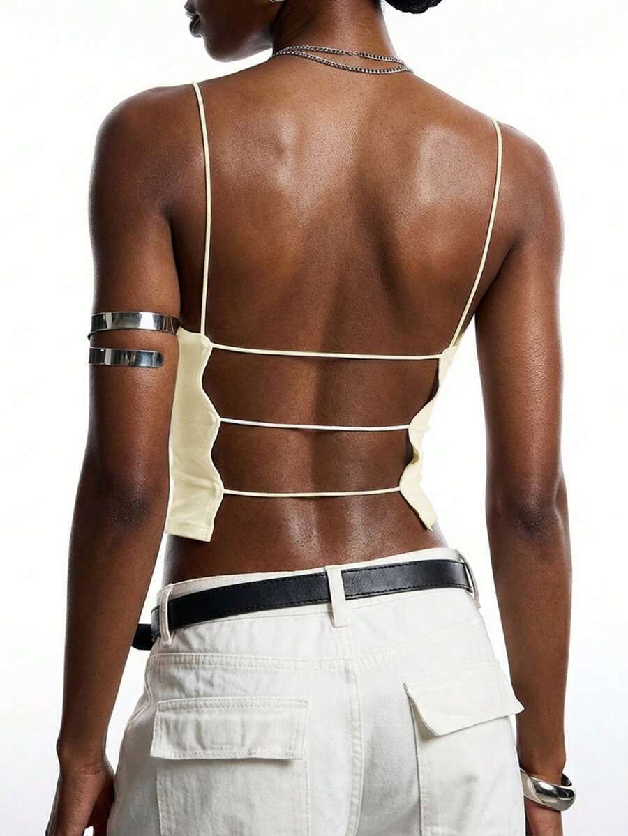 LYSMO Women's Summer Fitted Solid Color Sexy Backless Camisole - Apricot - View 1
