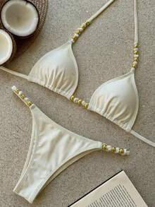 Swim Vcay Solid Color Fabric, Metal Beaded Decor, Elegant Resort Women Swimwear Set - Apricot - View 3