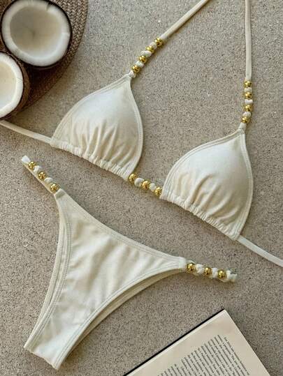 Swim Chiccia Solid Color Fabric, Metal Beaded Decor, Elegant Resort Women Swimwear Set