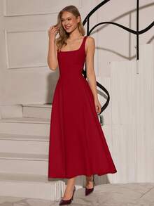 EURMUSE Elegant Sleeveless Dress, Solid Color - Red - View 6