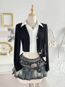 Lalippa Women's 2 In 1 Single-Breasted Long Sleeve Casual Shirt - Black and White - View 7
