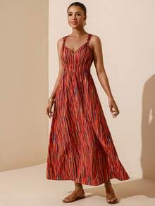 Vesra Bestselling Vacation Tie Dye Pattern Spaghetti Strap Beaded Detail Drawstring Waist Ruched Tie Waist A-Line Dress - Multicolor - View 4