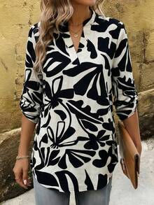 EMERY ROSE 女士时尚优雅印花V领衬衫 - 套头衫 - 简约通勤风 - 日常穿着 - 约会 - 黑與白 - 查看 5