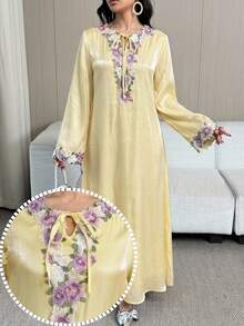 Yasmyna Damen Kleid mit floraler Stickerei, Twist-Detail, eleganter Langarm, weite Form - Aprikosenfarben - Übersicht 8