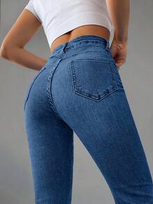 EURMUSE 98%Cotton Slim Fit Flared Jeans - Dusty Blue - View 5