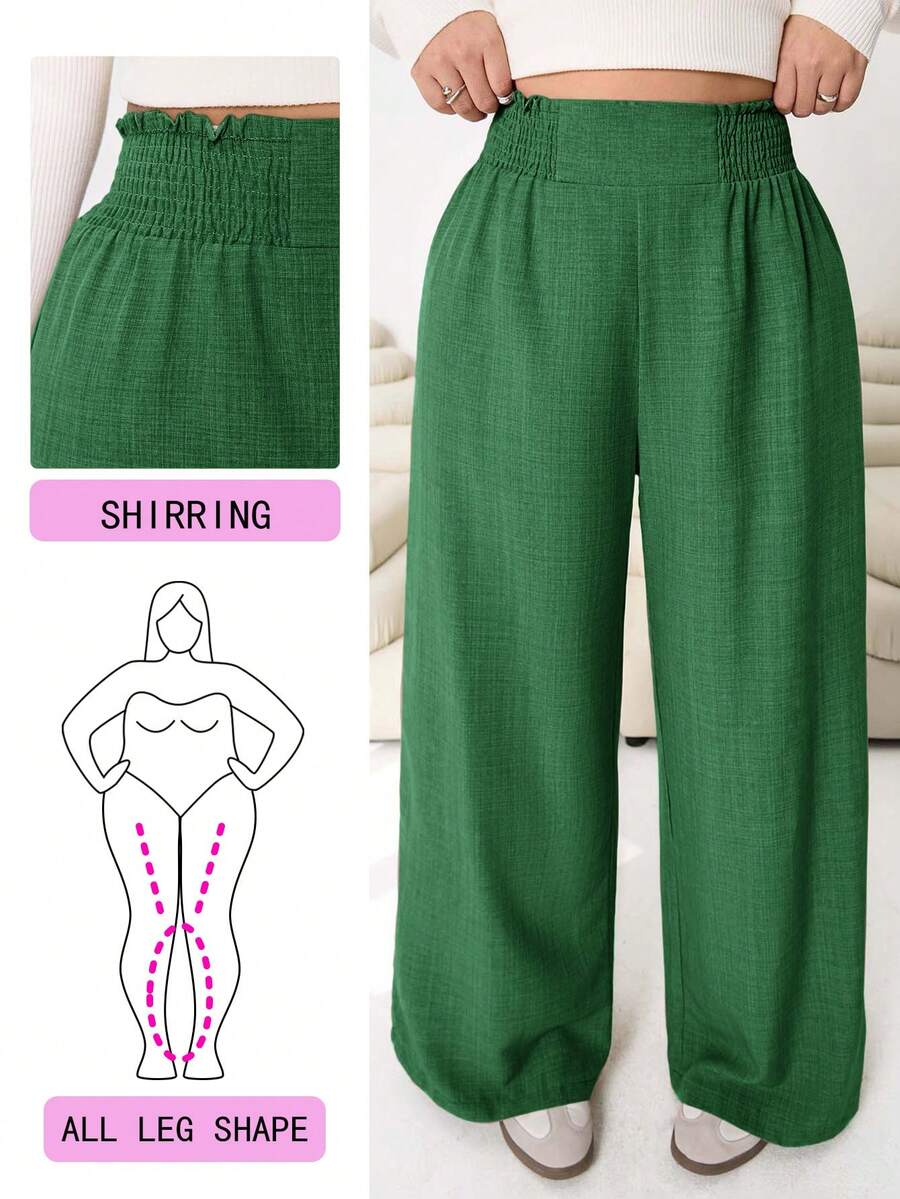Solflare 2025 Autumn/Winter New Casual Plus Size Elastic Waist Wide-Leg Pants,Sage Green,Sommar,Smart Casual,Holiday,Shirring Design For Outings,Commuting,Home - Army Green - View 1