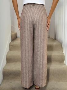 Easowa Zip-Up Half Open Collar Straight Leg Pants, Woven Striped Textured Fabric, Casual Relaxed Elegant Commute Vintage Resort Style Women Long Trousers, Spring/Summer Wide Legged Trousers For Women Wide Leg Trousers Petie Wide Leg Trousers Pants Wide Leg - Multicolor - View 6