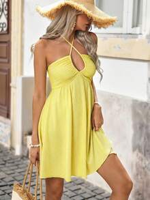 Brillora Solid Color Knit Halter Neck Ruffle Hem Mini Dress For Women,Summer Dress,Vacation Dress - Yellow - View 6