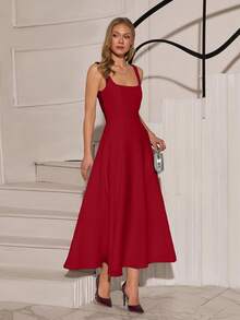 EURMUSE Elegant Sleeveless Dress, Solid Color - Red - View 4