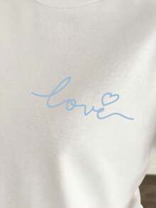 SHEIN Women Cotton 2 Pcs Contrasy Colour Love Lettered Detail Top&Shorts Homewear Pajama Set - White - View 6