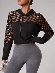 Dewbera Hollow-Out Patchwork Cropped Sweatshirt - Black - View 6