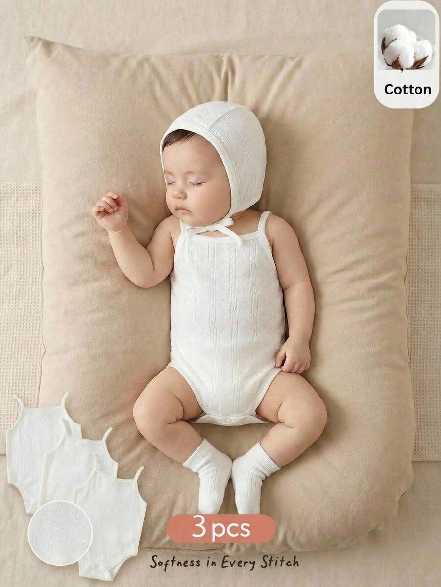 Cozy Pixies 3件套新生女宝宝休闲简约提花纯色连体衣套装 - 白色 - 查看 1