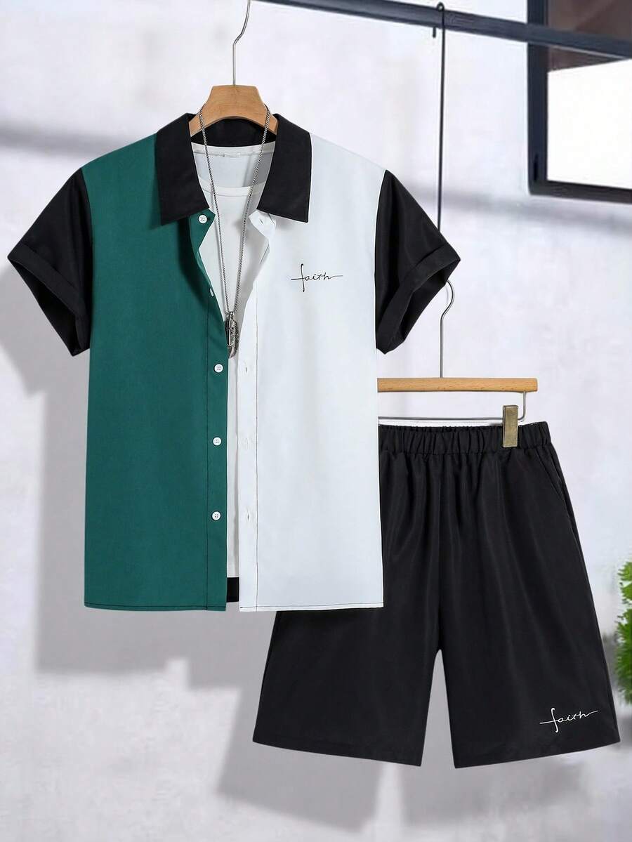 Vacaura 青少年男孩夏季休闲撞色短袖衬衫和短裤套装 - 彩色 - 查看 1