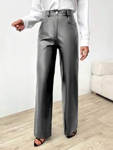 EURMUSE Quần giả da dáng rộng, cạp cao, khóa kéo, kiểu dáng thanh lịch - Xám - Xem 3