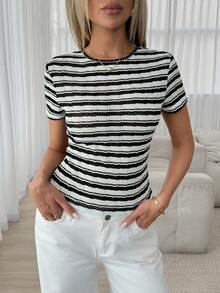 Easowa 女士圆领修身罗纹T恤，纹理面料，休闲优雅，适合外出和居家穿着 - 彩色 - 查看 5