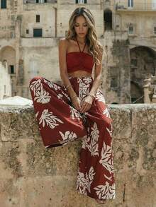 Breezaya 女士时尚优雅休闲度假复古吊带抽绳印花度假弹力腰阔腿裤两件套 - 彩色 - 查看 5