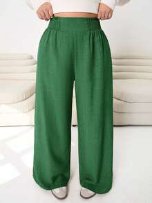 Solflare 2025 Autumn/Winter New Casual Plus Size Elastic Waist Wide-Leg Pants,Sage Green,Sommar,Smart Casual,Holiday,Shirring Design For Outings,Commuting,Home - Army Green - View 6