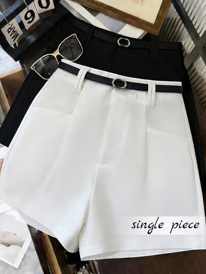 SHEIN Franclia White A-Line Shorts With Pockets And Belt, Casual Vacation & Work Wear For Summer