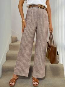 Easowa Zip-Up Half Open Collar Straight Leg Pants, Woven Striped Textured Fabric, Casual Relaxed Elegant Commute Vintage Resort Style Women Long Trousers, Spring/Summer Wide Legged Trousers For Women Wide Leg Trousers Petie Wide Leg Trousers Pants Wide Leg - Multicolor - View 5