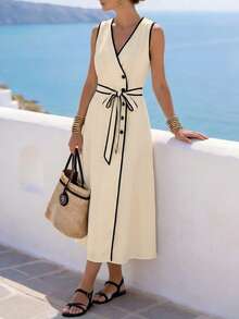 Breezaya 女士度假休闲撞色滚边无袖连衣裙 女士夏季连衣裙 女士裹身裙 女士夏季套装 女士休闲连衣裙 女士度假连衣裙 休闲夏季连衣裙 女士度假连衣裙 无袖中长连衣裙 - 杏色 - 查看 3